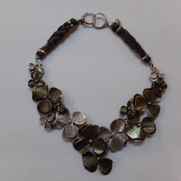 Fossil Flower Necklace Leather Silver Bronze Tone 16'' CZ Sparkle - Picture 2 of 12